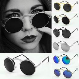 Sunglasses Vintage Steampunk Designer Round Steam Flip Punk Metal Coating Woman Men Retro