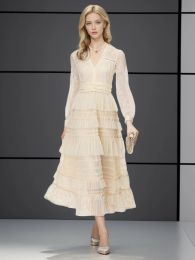 Runway Damen Frühling Herbst Hochwertige Mode Party Beige Spitze Mesh bestickt Süßes klassisches Chic Ziemlich elegantes langes Kleid