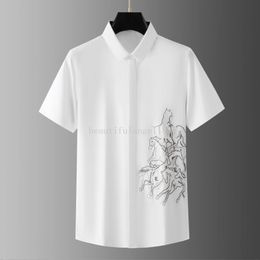 European and American symmetrical group horse embroidery slim fitting youth short sleeved men's shirt handsome shirt