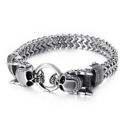 XMAS Gifts Crystals 316L Stainless steel casting Figaro lINK Chain bracelet double Skull End bangle bracelet mens boy Jewellery silv266f