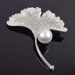 Korean Version High-end Pearl Rhinestone Style Ginkgo Leaf Flower Brooch Accessory Accessories