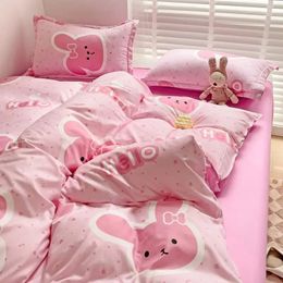 Pink Cartoon Rabbit Bedding Set Girls Kid Duvet Cover Queen Full Twin Size Flat Bed Sheet Floral Quilt Pillowcase Kawaii 240226