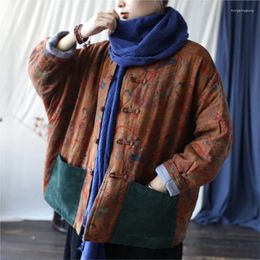 Women's Trench Coats Johnature Women Vintage Print Floral Warm Parkas Stand Long Sleeve Winter 2024 Button Patchwork Pockets
