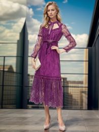 Catwalk Ladies Spring Autumn High Quality Fashion Party Purple Elegant Lace Mesh Lace Up Hollow Out Nightclub Sexy Midi Dress