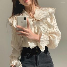 Women's Blouses Chic Autumn Gentle Thin V Neck Small Breasted Crease Feeling Ruffled Edge Stitching Trumpet Sleeve Shirt Top Korea