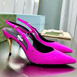 Evening women satin Heel pumps crystal-embellished Rhinestone shoes suit for wearing in Party classic Slingback Stiletto heels Luxury Designers with box