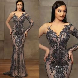 Grey Mermaid Prom Dresses Sheer Jewel Neck Lace Floral Appliqued Beaded Evening Dress Sequins Long Robes De Soiree BC