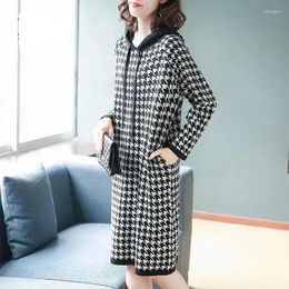 Casual Dresses Korean Fashion Houndstooth Print Elegant Hooded For Women Autumn Streetwear Pockets Loose Long Sleeve Midi Dress