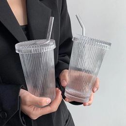 Wine Glasses Transparent Glass Cup With Lid And Straw Retro Striped Coffee Milk Juice Drinking Kitchen Water Bottle Drinkware