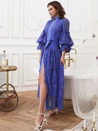 Early Spring Fashion Brand Retro Design Standing Neck Lantern Sleeve Single Breasted Large Swing Cut Out Lace Long Dress 240227