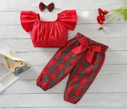 Clothing Sets 3pcs Infant Baby Girls Xmas Clothes 024M Short Sleeve Off Shoulder Solid Tops Plaid Printed Pants HeadbandClothing7218160