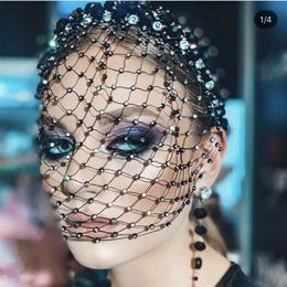 Sexy Black Luxury Crystal Rhinestone Mesh Hair Band Head Hoop Headband Cover Face Veil Headpiece Wedding Hair Jewellery for Women 240223