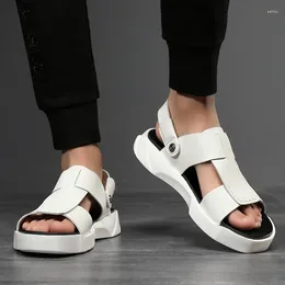 Sandals White Black Cow Spilt Leather Men Platform Summer Roam Shoes Trendy Casual High Top Young Fashion