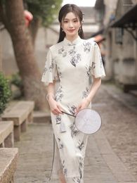 Ethnic Clothing Classic Elegnat Lady Qipao Banquet Gown Print Traditional Chinese Dress Summer Short Sleeve Sexy Slim Split Cheongsam