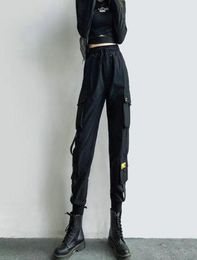 Womens Cargo Pants Black Ribbon Pocket Jogger Elastic Waist High Streetwear Harajuku Pant Punk Females Trousers Harem Pants6008288