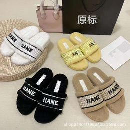 Xiaoxiangfeng Lamb Hair Slippers for Women 2022 New Candy Colour Warm Cotton Slippers Embroidered Letters for Outer Wear Flat Shoes