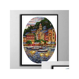 Craft Tools Small Town By The Sea Diy Cross Stitch Embroidery Needlework Sets Counted Print On Canvas Dmc 14Ct 11Ct Cloth Long-Stapl Dhn35