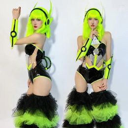 Stage Wear Fluorescence Colour Technology Sense Gogo Dance Clothing Sexy Bodysuit Gauze Leg Cover Nightclub Bar Jazz Costume VDB7831