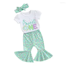 Clothing Sets Baby Girl Summer 1st-2nd Birthday Clothes Letter Embroidery Short Sleeve T-Shirt Donut Flared Pants Set Headband