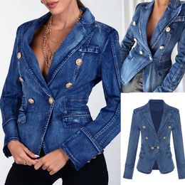 Blue Denim Women Dress Custom Made Slim Fit Double Breasted Fashion Show Ladies Blazer Jacket Guest Wear One Piece