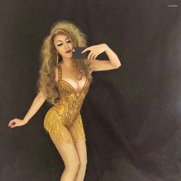 Stage Wear Women Sparkly Gold Tassel Sexy Bodysuit Rhinestones Outfit Glisten Beads Costume One-piece Dance Singer Leotard