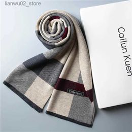 Scarves Fashionable Classic Business Scarf Mens Wool Scarf Soft and Warm Silencer Casual Cashmere Knitted Shawl Mens Autumn Frameless Q240228