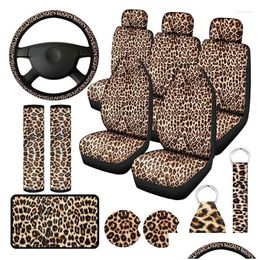 Car Seat Covers Car Seat Ers 15Pcs Leopard Print Er Kit Steering Wheel Belt Pads Coasters Armrest Pad And Keychain Drop Delivery Autom Dhftu