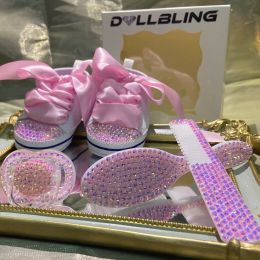 Sneakers Dollbling Luxury Baby Comb Brush and Shoes Headband Set Keepsake Diamond Tutu Outfit Red Bottom Little Girl Baptism Shoes