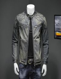 Men039s Blue Denim Vintage Classic Biker Motorcycle Jacket Stand Collar Retro Slim Fit Distressed Racer Jeans Coat Drop Shippin1136384132