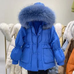 Fur 2023 Winter Down Jacket Bestselling Women 90% White Duck Down Coat Real Raccoon Fur Collar Klein Blue Warm Thickened Loose Coat