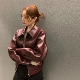 Jackets New Retro Burgundy PU Leather Jacket Top for Women's Spring and Autumn Lapel Zipper Motorcycle Jacket Top Leather Jacket Women