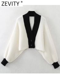 Cardigans Zevity Women Fashion V Neck Black White Patchwork Knitting Kimono Sweater Female Chic Batwing Sleeve Cardigan Coat Tops CT5164