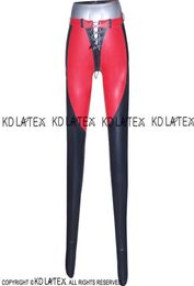 Black And Red Trims Sexy Latex Pants Leggings with Lacing Front Back Rubber Jeans Trousers 00102350828