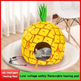 Mats 3D Pineapple Cat Bed USB Heating Cat House Blanket 3 Gears Timer Winter Warm Cat Mat House Sleeping Bag Cat Accessories