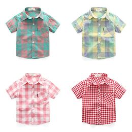 Style Baby Boys Girls Cotton Shirt Plaid Striped Casual Kids Shirts Short Sleeve Children Toddler Clothes For Summer 240219