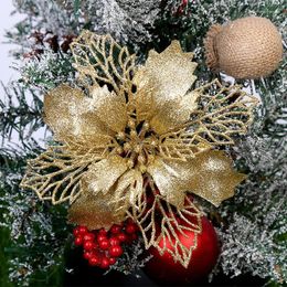 Decorative Flowers Artificial Head Christmas Tree Decoration Flower Noel Ornament Year Gift Party Home Decor Fake Silk