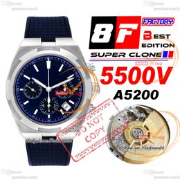 8F Overseas 5500V A5200 Automatic Chronograph Mens Watch 42.5mm Steel Case Blue Stick Dial Rubber Strap Super Edition Watches Puretimewatch Reloj Hombre