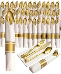 40 Pieces of PreRolled Golden Plastic Silverware Disposable Cutlery and Napkin Suitable for 10 People Dinner Party Wedding4563373