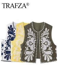 TRAFZA Mulheres Floral Bordado Colete Top Verão Casual Vintage Y2k Cardigan Colete Mulher Chic Solto Outerwear Vsets 240228