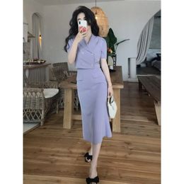 Skirt Suits Doublebreasted Black Blazer Feminino Summer 2set Sets Slim Pencil Purple Fishtail Dress Crop Jacket Tops 240226