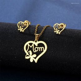 Necklace Earrings Set Luxury Fashion Stainless Steel Love Heart MOM Pendant For Women Mothers Day Anniversary Gift Paert Jewellery