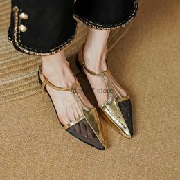 Dress Shoes Woman Summer Sandals Breathable Simple Flats Patchwork Silver Gold Pointed Toe Shoes For Women Spring Autumn T-Strap SandalsH24228