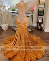 Sequined Sparkly Gold Mermaid Prom Dresses For Black Girls Sheer Crew Neck Rhinestones Formal Party Dress Beaded Evening Gowns mal