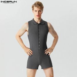 Men Rompers Pajamas Solid Color Striped Homewear Lapel Short Sleeve Fashion Male Bodysuits Fitness Jumpsuits S-5XL INCERUN 240228