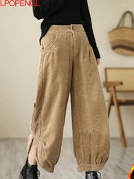 Women's Pants Corduroy Plus Velvet High Waist 2024 Autumn And Winter Bloomers Loose Thickening Elastic Ankle-length