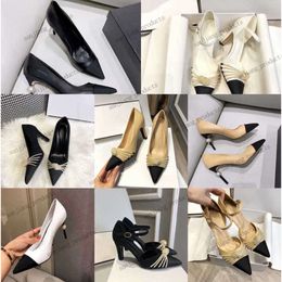 Designer Women sandals shoes Sexy Pointed Toe C Buckle Pearl Pumps Mules Slingback 8cm Stiletto High Heels OL Dress Shoe Beige White Black Colour Wedding Party sandles