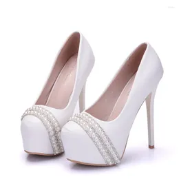 Dress Shoes Women Pumps Pointed Toe String Bead Slip-On PU 14CM Thin Heels Party Prom Mature Banquet Wedding Sexy Ladies