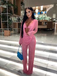 Women's Two Piece Pants hirigin Sexy Mesh 3 Piece Set Halter Bra + Ruched Cover Up + Loose Pants See Through Club Party Matching Set 2022 Autumn Outfit T240228