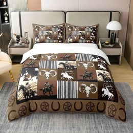 Western Cowboy Print Bedding Duvet Cover Set Full Size for Kids Boys Girls Comforter Bedroom Bedclothes 240226