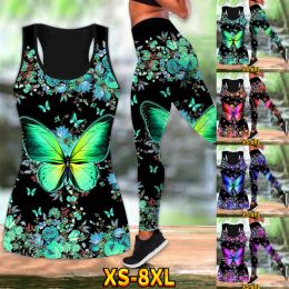 Outfit Women Summer Vest Butterfly Pattern Yoga Pants Colorful Pattern Body Sculpting Buttocks Running Set XS8XL